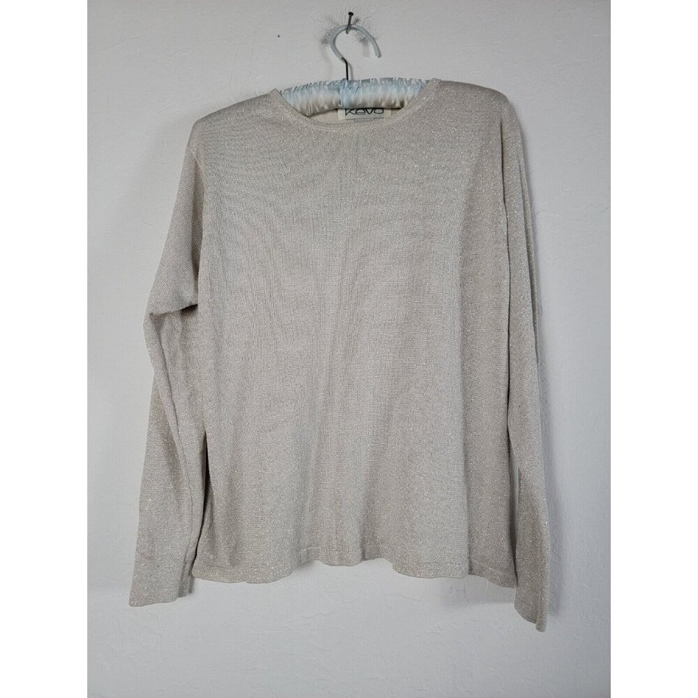 Kevo Womens Gray Silver Silk Metallic Knit Sweater Top Large Crew Neck Pullover
